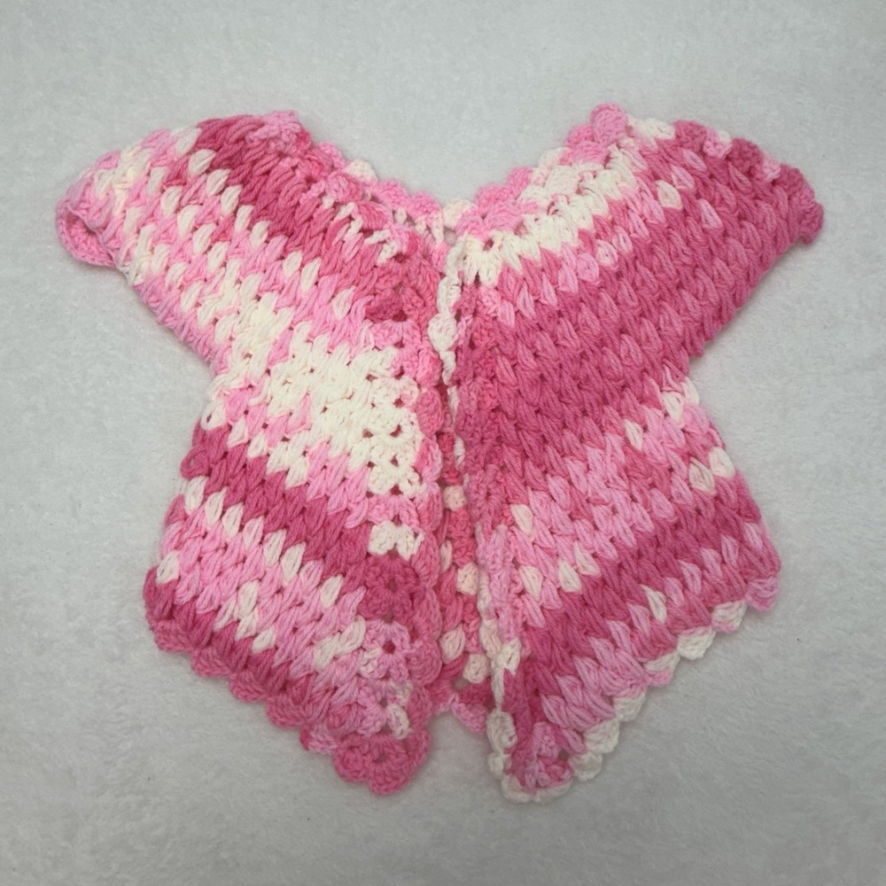 Handmade Crochet Baby Girl Cardigan Sweater Pink Cream Granny Jacket 3-6 Months